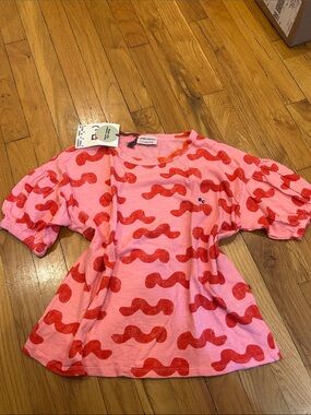 Bobo Choses Pink Tee with Red Wave Print